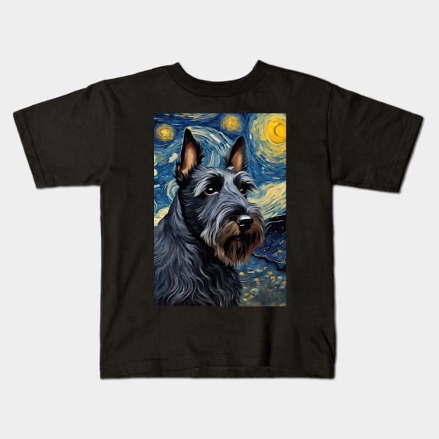 Scottish Terrier Dog Breed Painting in a Van Gogh Starry Night Art Style Kids T-Shirt by Art-Jiyuu